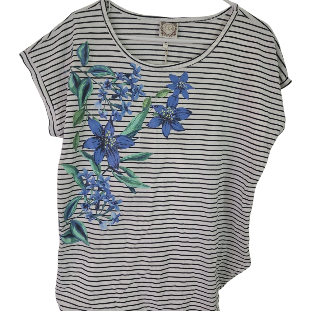 Striped Short Sleeve Top with Blue Floral Design